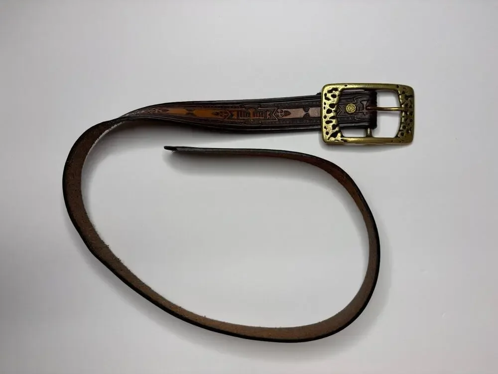 Vintage MacPherson Leather Co. Tooled Western Distressed Brass Buckle Belt Sz 32